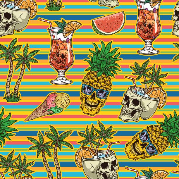 Beach party seamless pattern vintage colorful Beach party seamless pattern vintage colorful with tropical resort elements cocktails in skulls palms and pineapples vector illustration bachelorette beach stock illustrations