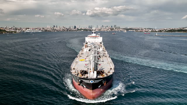 aerial view of commercial container ship at sea