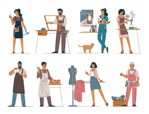 Small business owners and professionals vector illustration set. Young men and women in local businesses.