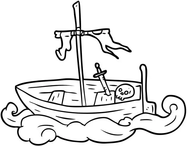 Vector illustration of line drawing of a old shipwrecked boat
