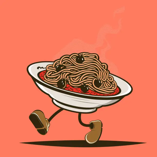 Vector illustration of funny retro cartoon illustration of walking spaghetti