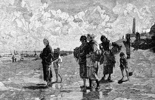 Oyster Gatherers of Cancale, painting by John Singer Sargent (circa 19th century). Vintage etching circa 19th century.