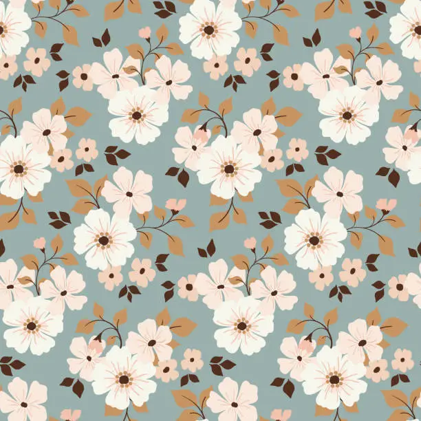 Vector illustration of Seamless floral pattern in vintage rustic style: bouquets with small white flowers on a blue background. Vector.