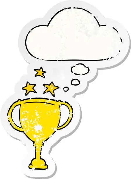 Vector illustration of cartoon sports trophy with thought bubble as a distressed worn sticker