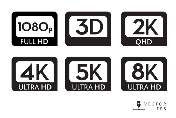 symbolbeschriftungen der bildschirmauflösungen 1080p 3d 2k 4k 5k 8k ultra hd high definition in schwarzer farbe auf weißem hintergrund - hd 1080 stock-grafiken, -clipart, -cartoons und -symbole