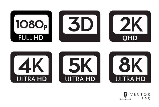 иконки с разрешениями экрана 1080p 3d 2k 4k 5k 8k ultra hd высокой четкости в черном цвете на белом фоне - hd 1080 stock illustrations