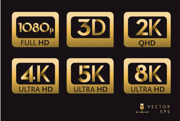 symbolbeschriftungen der bildschirmauflösungen 1080p 3d 2k 4k 5k 8k ultra hd high definition in goldfarbe auf schwarzem hintergrund - hd 1080 stock-grafiken, -clipart, -cartoons und -symbole