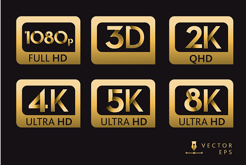 Vector illustration of Icon labels of screen resolutions 1080p 3D 2K 4K 5K 8K Ultra HD high definition in gold color on black background. Includes vector eps and high resolution jpg. Fully editable to customize.