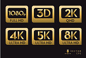 Icon labels of screen resolutions 1080p 3D 2K 4K 5K 8K Ultra HD high definition in gold color on black background