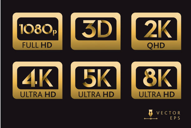 Icon labels of screen resolutions 1080p 3D 2K 4K 5K 8K Ultra HD high definition in gold color on black background Vector illustration of Icon labels of screen resolutions 1080p 3D 2K 4K 5K 8K Ultra HD high definition in gold color on black background. Includes vector eps and high resolution jpg. Fully editable to customize. 4k resolution stock illustrations