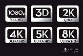 Icon labels of screen resolutions 1080p 3D 2K 4K 5K 8K Ultra HD high definition in silver color on black background