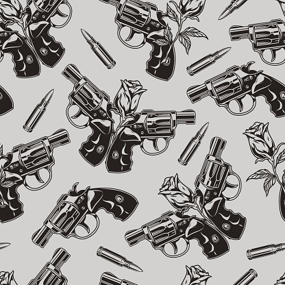 Crime vintage seamless pattern with revolvers, bullets and roses in gray color, vector illustration