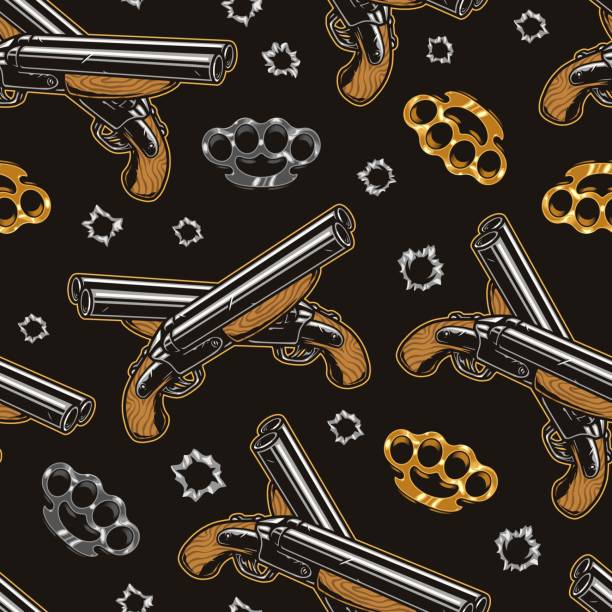 Brass knuckles and rifle seamless pattern Mafia seamless pattern with silver and golden brass knuckles and rifle on black background with bullet holes, vector illustration gun mafia handgun bullet stock illustrations