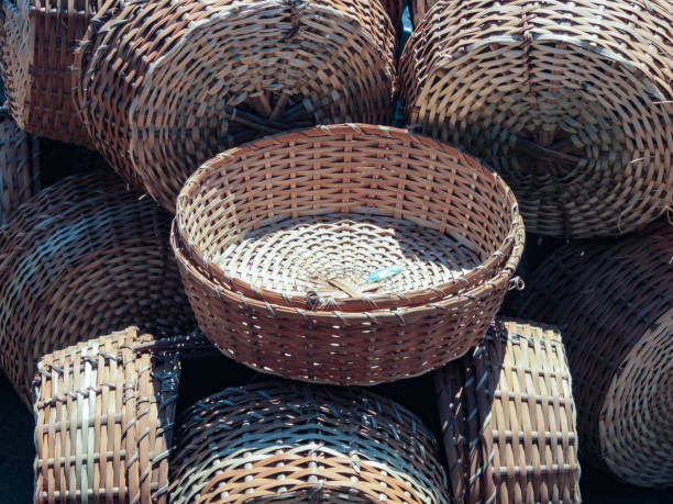 istock Handmade round baskets in brown wicker. 1471753970