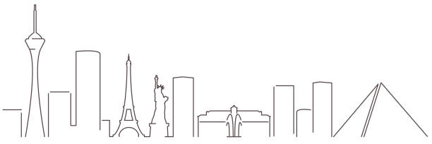 ilustraciones, imágenes clip art, dibujos animados e iconos de stock de las vegas dark line horizonte minimalista simple con fondo blanco - eiffel tower travel famous place skyline