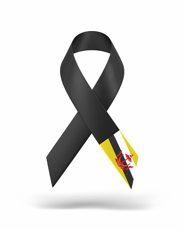 3D render awareness black strip folded, Brunei flag textured, object + shadow cropping way, mourning, grief, cancer, can be used for important days such as earthquake