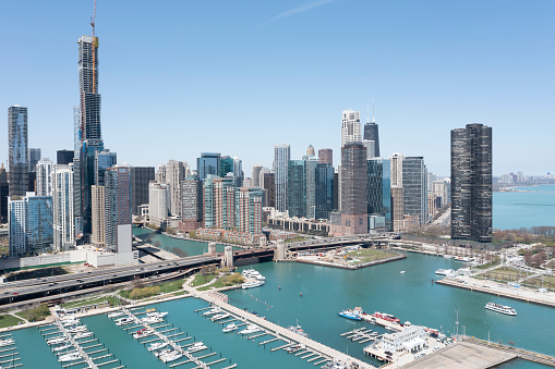 The skyline of Chicago, Illinois, aerial view from the side of Lake Michigan.