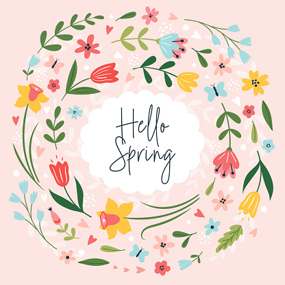 Hello spring! Greeting card with flowers, butterflies and hand drawn lettering. Lovely floral background. Vector template for banner, invitation, poster, social media.