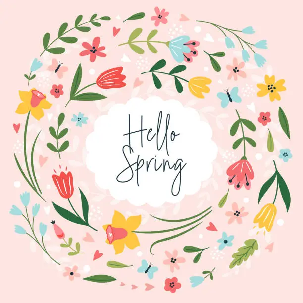 Vector illustration of Hello spring! Greeting card with flowers, butterflies and hand drawn lettering. Lovely floral background. Vector template for banner, invitation, poster, social media.