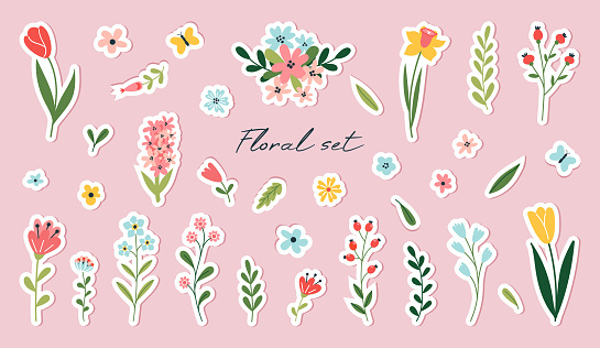 Set of spring stickers, flowers and floral elements isolated on a white background. Vector compositions for greeting card, scrapbooking, magnets. Floral poster, invite.