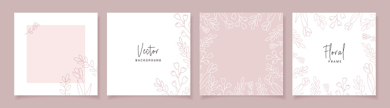 Minimalist abstract backgrounds in pink color with hand drawn line floral elements. Vector design templates for postcard, poster, business card, flyer, magazine, social media post, banner, wedding invitation
