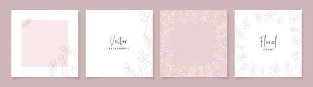 Vector illustration of Minimalist abstract backgrounds in pink color with hand drawn line floral elements. Vector design templates for postcard, poster, business card, flyer, magazine, social media post, banner, wedding invitation