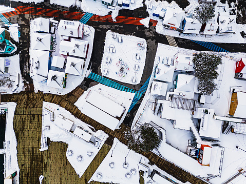 Panoramic view of Pacentro covered in snow during winter season. Abruzzo, Italy.