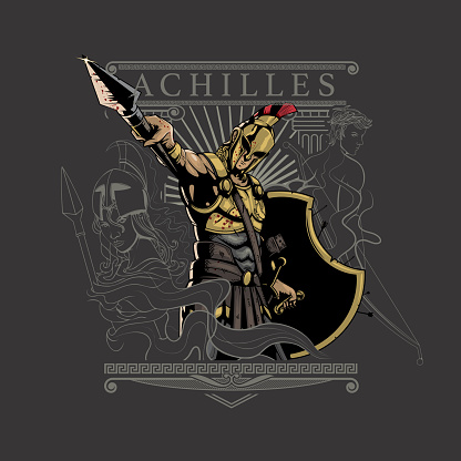 Achilles taunting Hector to 1v1 deathmatch, witnessed by Athena and Apollo. can be used as book cover, tshirt print, poster, or any other purpose.
