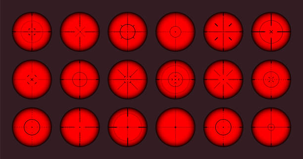 istock Various weapon thermal infrared sights, sniper rifle optical scopes. Hunting gun viewfinder with crosshair. Aim, shooting mark symbol. Military target sign. Game UI element. Vector illustration 1471760766
