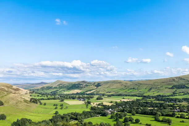 Beautiful field view on Edale village and Mam Tor at Peak District National Park, England, UK. Staycation concept of traveling local