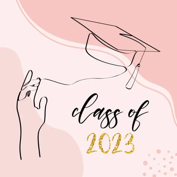 Vector illustration of Class of 2023. One line art with student tossing up his graduation cap. Trendy one line draw design graphic vector illustration.