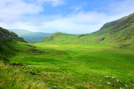 Idyllic English countryside in the Peak District national park on a summer day with single farm in foreground.