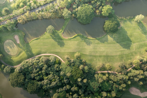 landschaft im golfplatz in luftaufnahme. - golf golf club luxury golf course stock-fotos und bilder