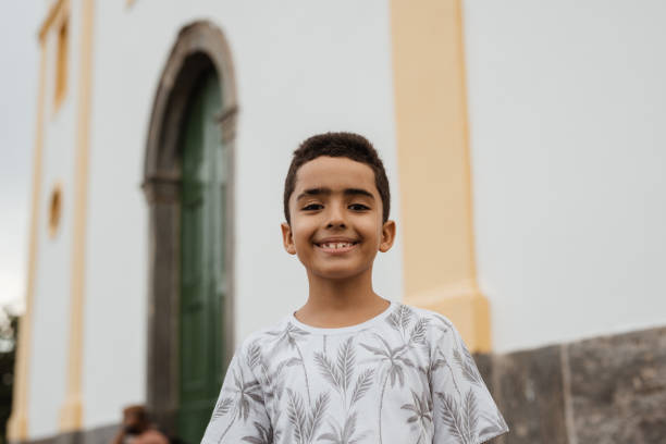 Smiling boy in historic town
