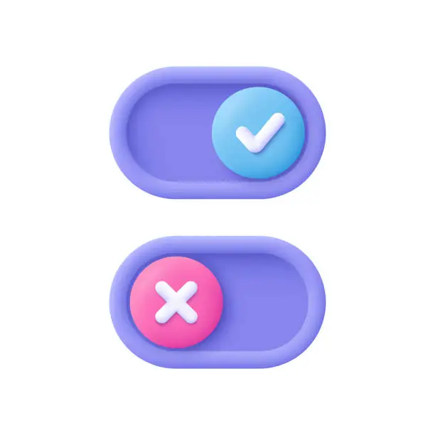 Vector illustration of On Off toggle switch interface buttons. Tick check mark and cross mark symbols. 3d vector icon. Cartoon minimal style.