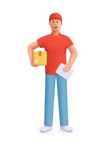 Delivery courier man in red uniform holding package box. Safe delivery of goods concept. 3d vector people character illustration. Cartoon minimal style.