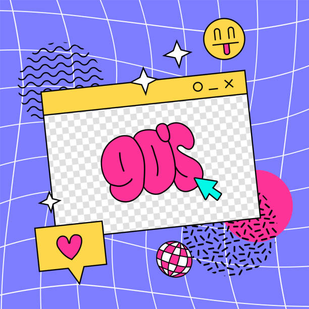 istock Retro square banner or card with old computer aesthetic frames for quotes, text. Vintage 70s, 80s, 90s Vibes Art. Trendy Colorful bright background with smile, geometric shapes, heart. Linear Vector 1471773114