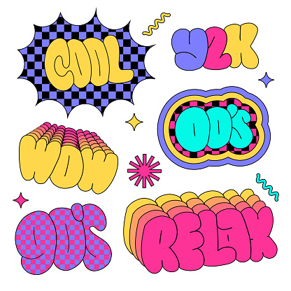 Popular 90s words retro lettering sticker set in vivid intage vibe style. Hand drawn typography vector illustrations - cool, y2k, wow, 00 s, relax.