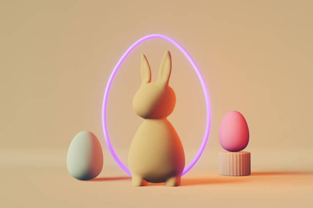istock Happy Easter greeting card matte pastel bunny purple neon egg 3d rendering. Contemporary neutral beige minimalist style. 1471773177