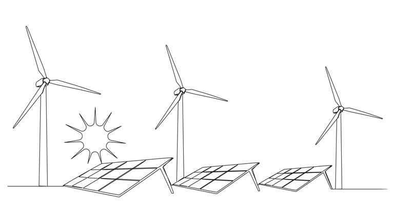 animated continuous single line drawing of solar energy and wind power concept