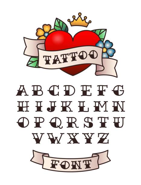 illustrazioni stock, clip art, cartoni animati e icone di tendenza di font del tatuaggio della vecchia scuola. lettering tradizionale americano, tatuaggi marinaio disegnati a mano stile lettere vector set - tattoo