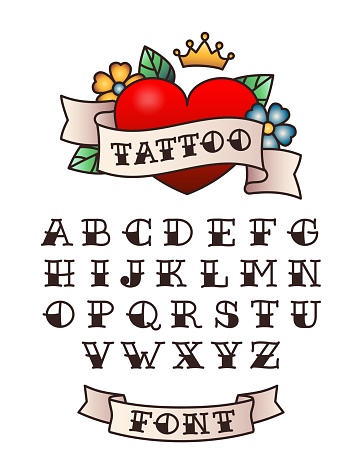 Old school tattoo font. American traditional lettering, hand drawn sailor tattoos style letters vector set. Latin alphabet, bold typeface. Here with flowers and headline on ribbon, retro design