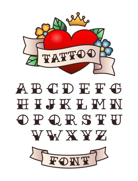 Old school tattoo font. American traditional lettering, hand drawn sailor tattoos style letters vector set Old school tattoo font. American traditional lettering, hand drawn sailor tattoos style letters vector set. Latin alphabet, bold typeface. Here with flowers and headline on ribbon, retro design tattoo stock illustrations