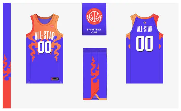 Vector illustration of Basketball uniform mockup template design for basketball club. Basketball jersey, basketball shorts in front and back view. Basketball logo design.