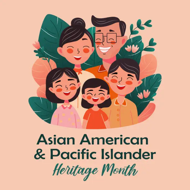 Vector illustration of Asian American, Pacific Islanders Heritage month - celebration in USA. Cute vector banner with happy family portrait. Greeting card, banner AAPI