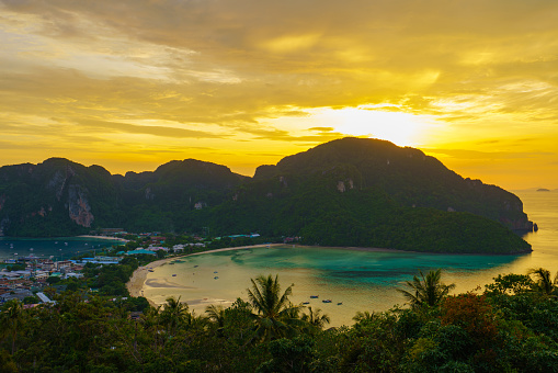 View point of Phi Phi Island at sunset time, Krabi Province, Thailand. Travel vacation background.