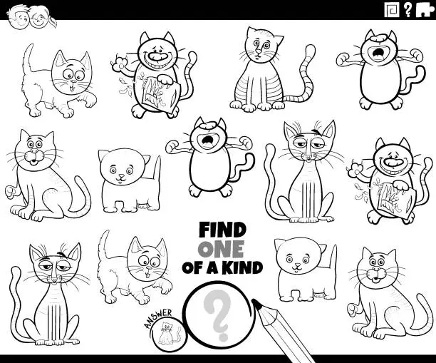 Vector illustration of one of a kind game with cartoon cats coloring page