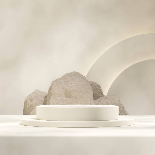 istock 3d render empty mockup white cylinder podium in square rock background, semi circle 1471782660