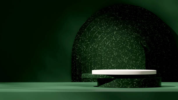 istock green white podium in landscape green marble arch background, 3d image render blank mockup 1471783036