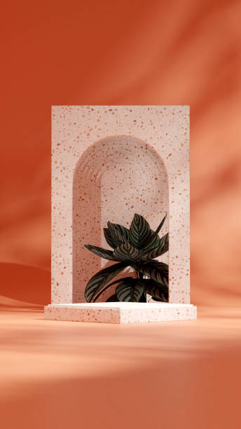 istock empty mockup white red terrazzo podium in portrait calathea pink stripe and red wall, 3d render 1471783154